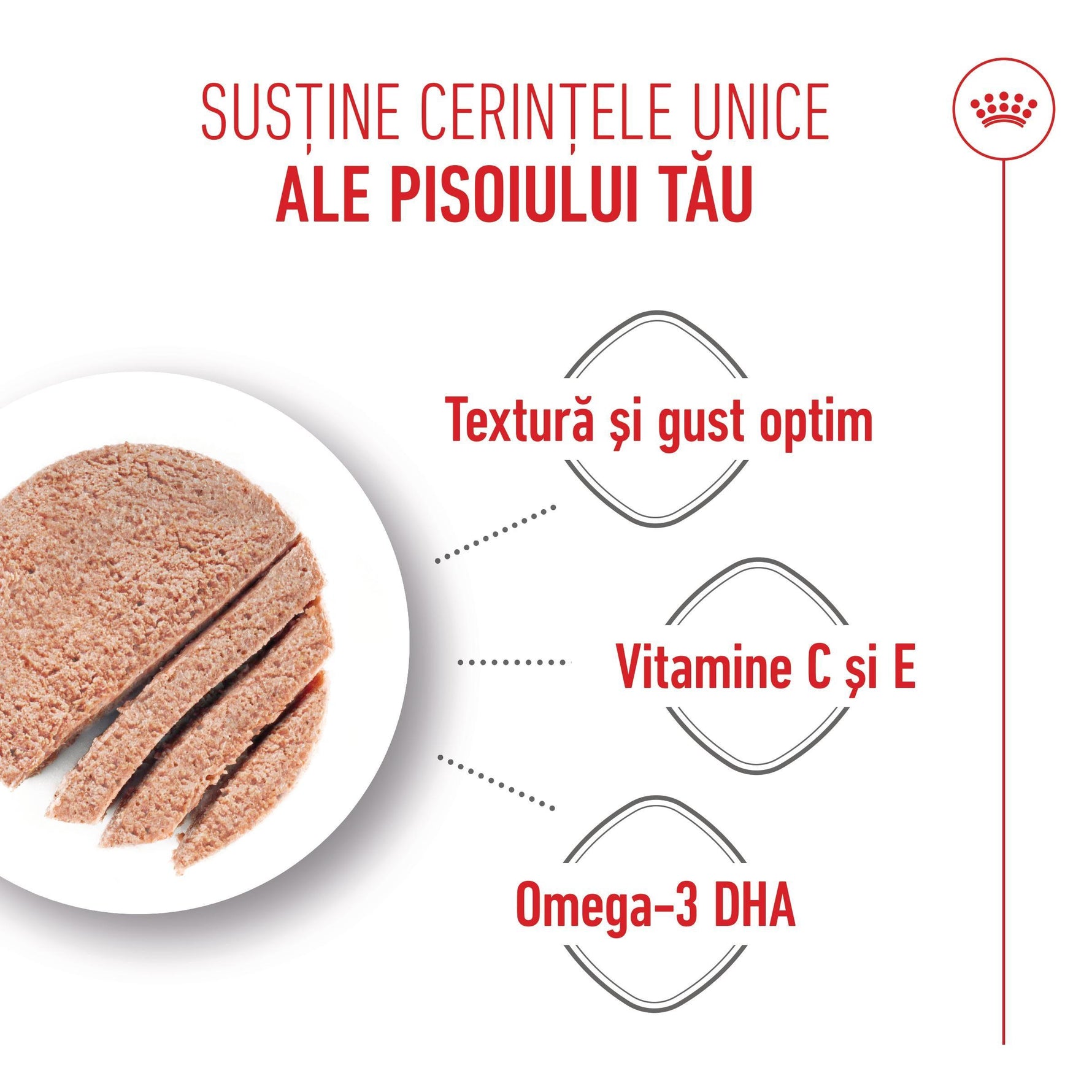 Cat food loaf with texture, optimal taste, vitamins C and E, and Omega-3 DHA benefits