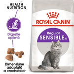 Royal Canin Sensible 33 cat food bag with gray cat and kibble illustrations for optimal digestion