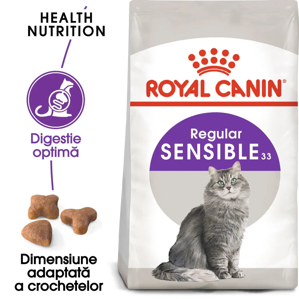 Royal Canin Sensible 33 cat food bag with gray cat and kibble illustrations for optimal digestion