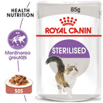 Royal Canin sterilised cat wet food pouch, 85g, with cat image and weight management icon