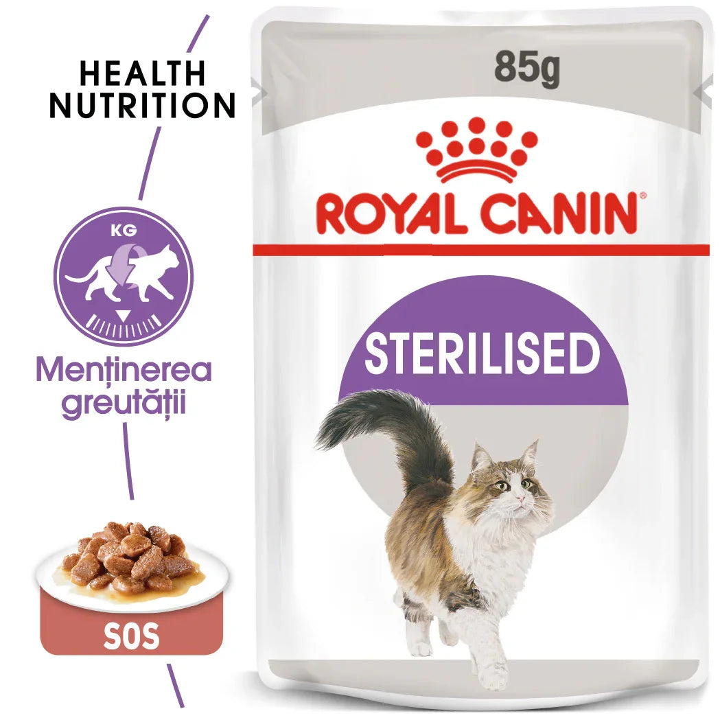 Royal Canin sterilised cat wet food pouch, 85g, with cat image and weight management icon