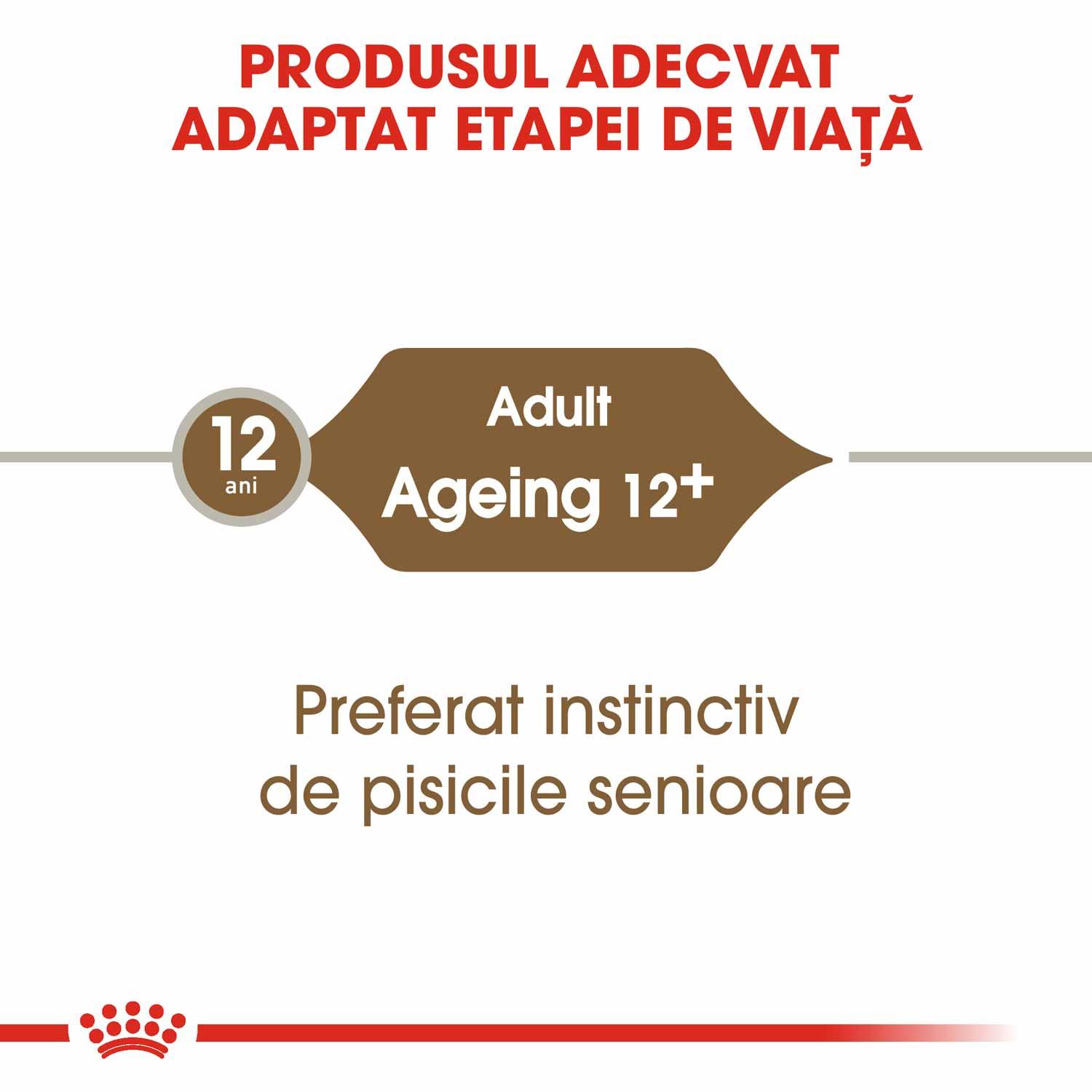 Text image in Romanian about adult cat food for ageing 12+ with preference for senior cats