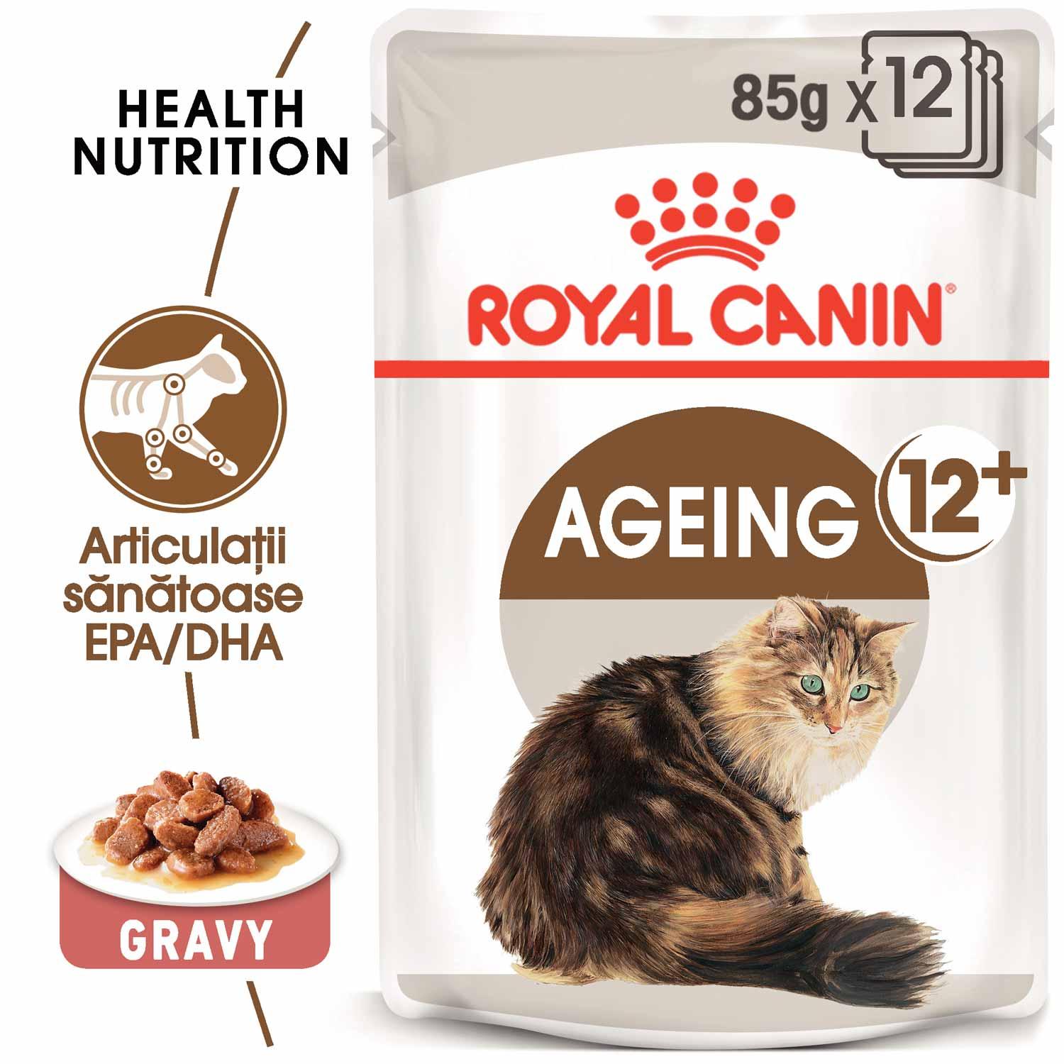 Royal Canin Ageing 12+ wet cat food pouch 85g x12 with healthy joints EPA DHA in gravy