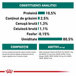 Nutritional analysis and composition of pet food with protein 10.5%, fat 2.5%, moisture 80.5%