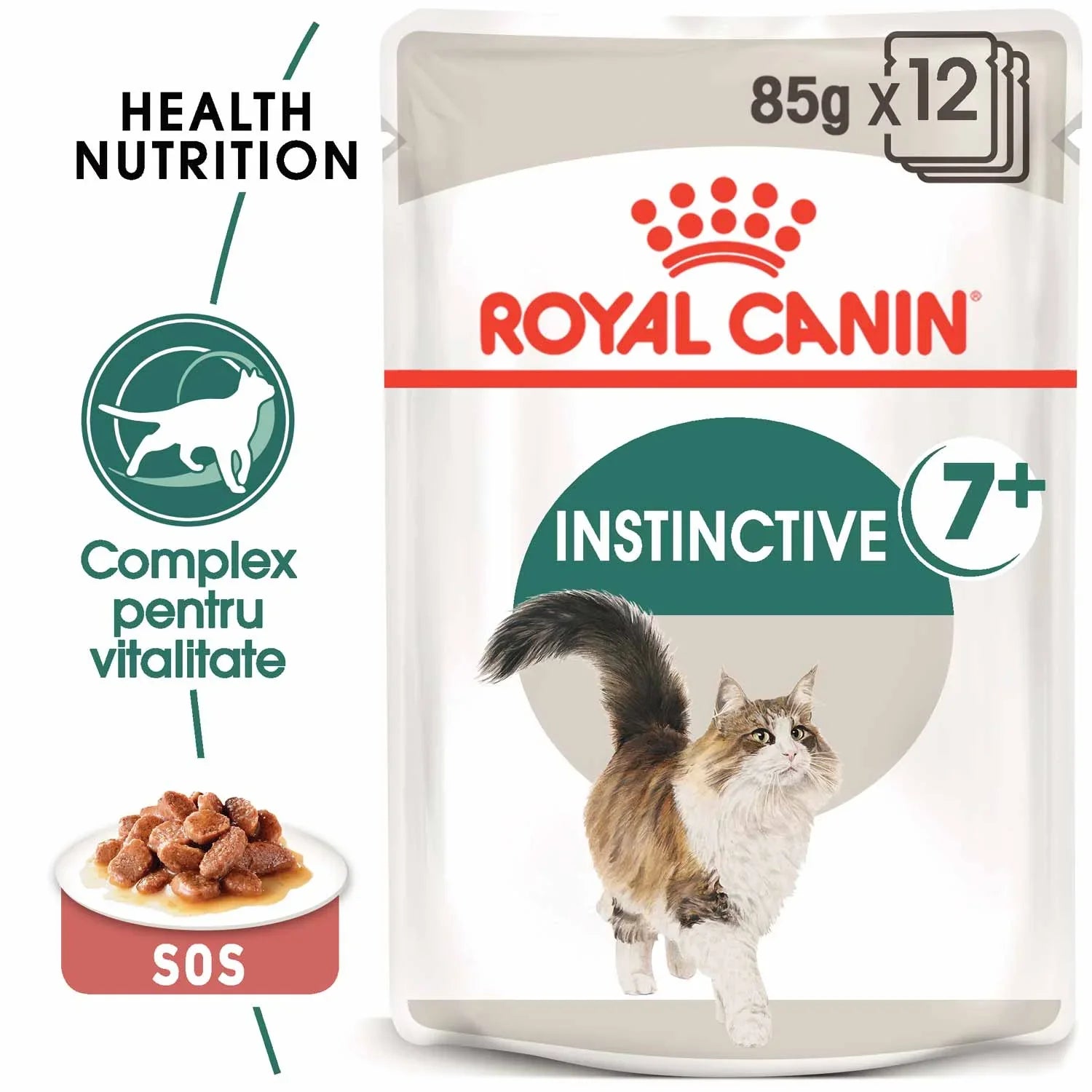 Royal Canin Instinctive cat food pouch for cats 7+, 85g pack of 12 with vitality complex
