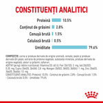 Analytical constituents of pet food showing protein 10.5%, fat 2.8%, crude ash 1.5%, crude fiber 0.5%, moisture 79.6%