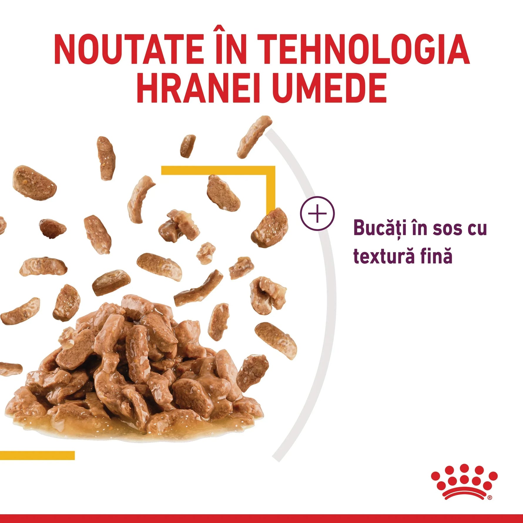 Wet pet food chunks in fine textured gravy with Romanian text about new wet food technology