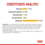 Analytical constituents of pet food with protein 11.5%, fat 2.8%, moisture 79.5%, and ingredients list