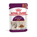 Royal Canin Sensory Taste cat food pouch with cat image and chunks in gravy