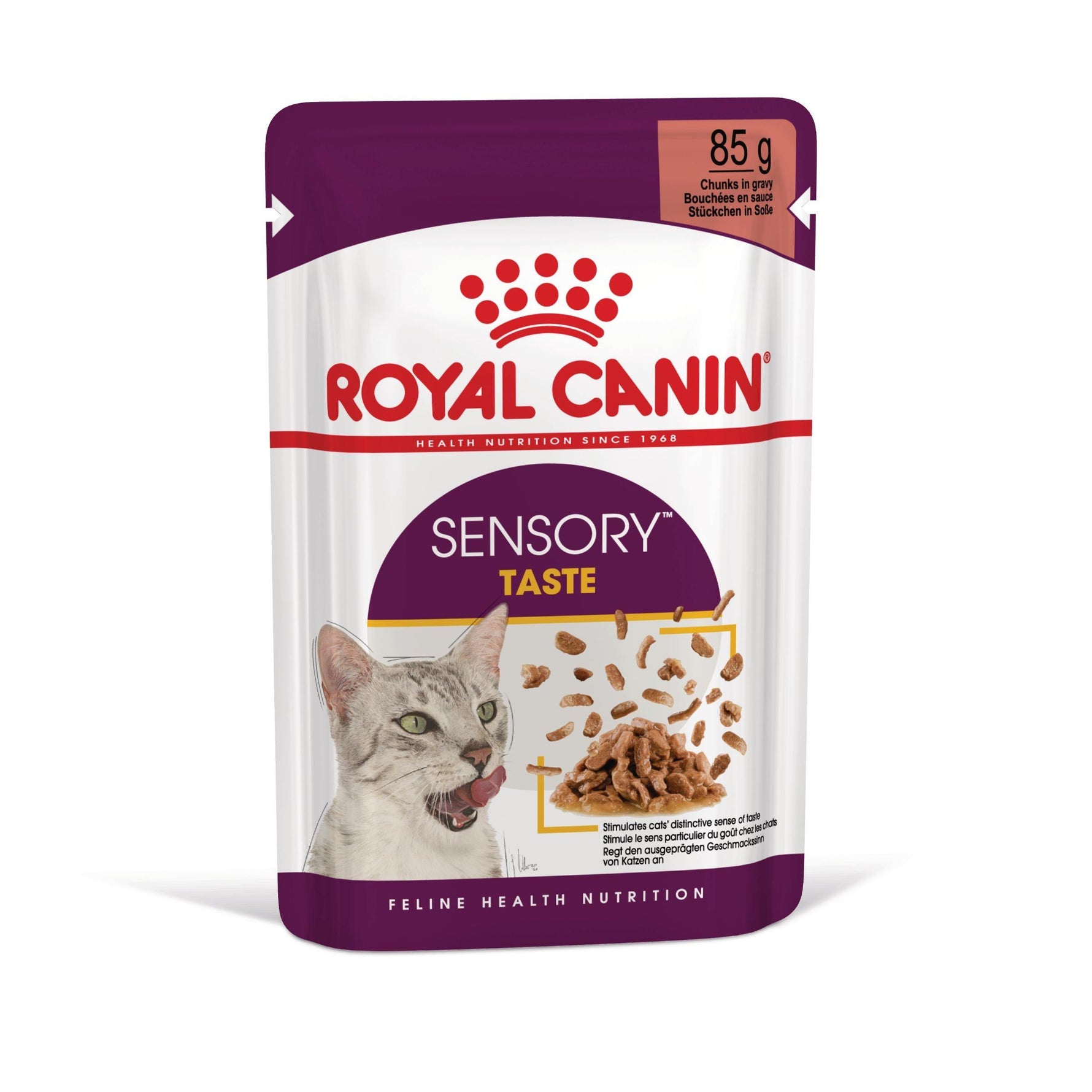 Royal Canin Sensory Taste cat food pouch with cat image and chunks in gravy