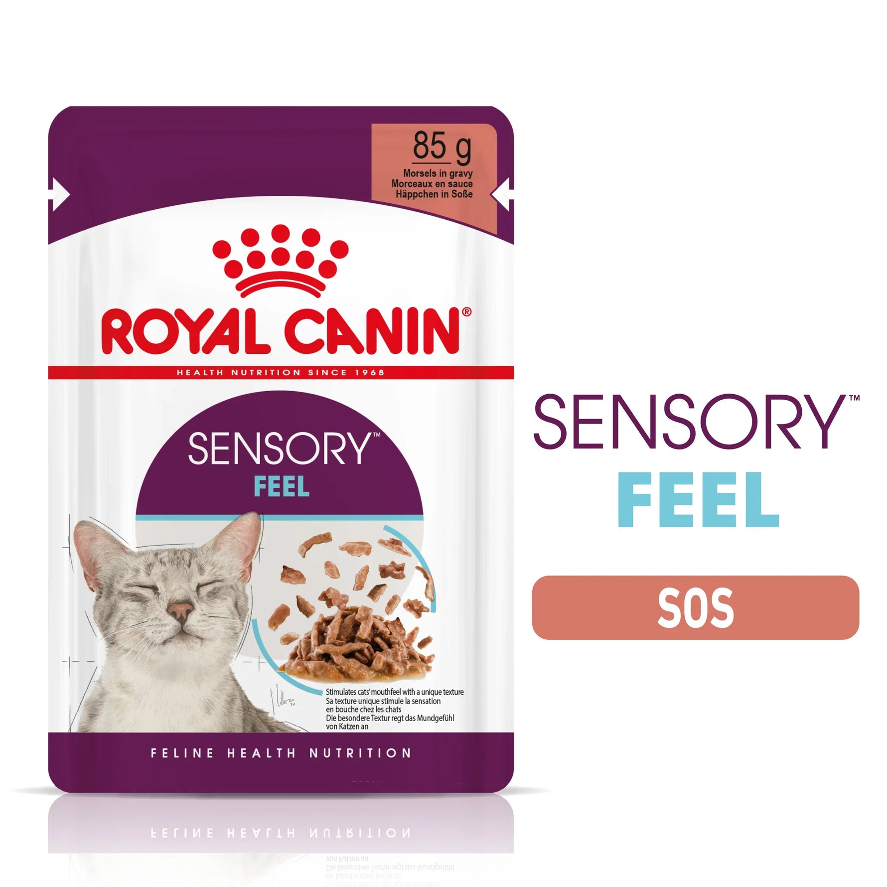 Royal Canin Sensory Feel cat food pouch 85g with cat image and chunks in gravy