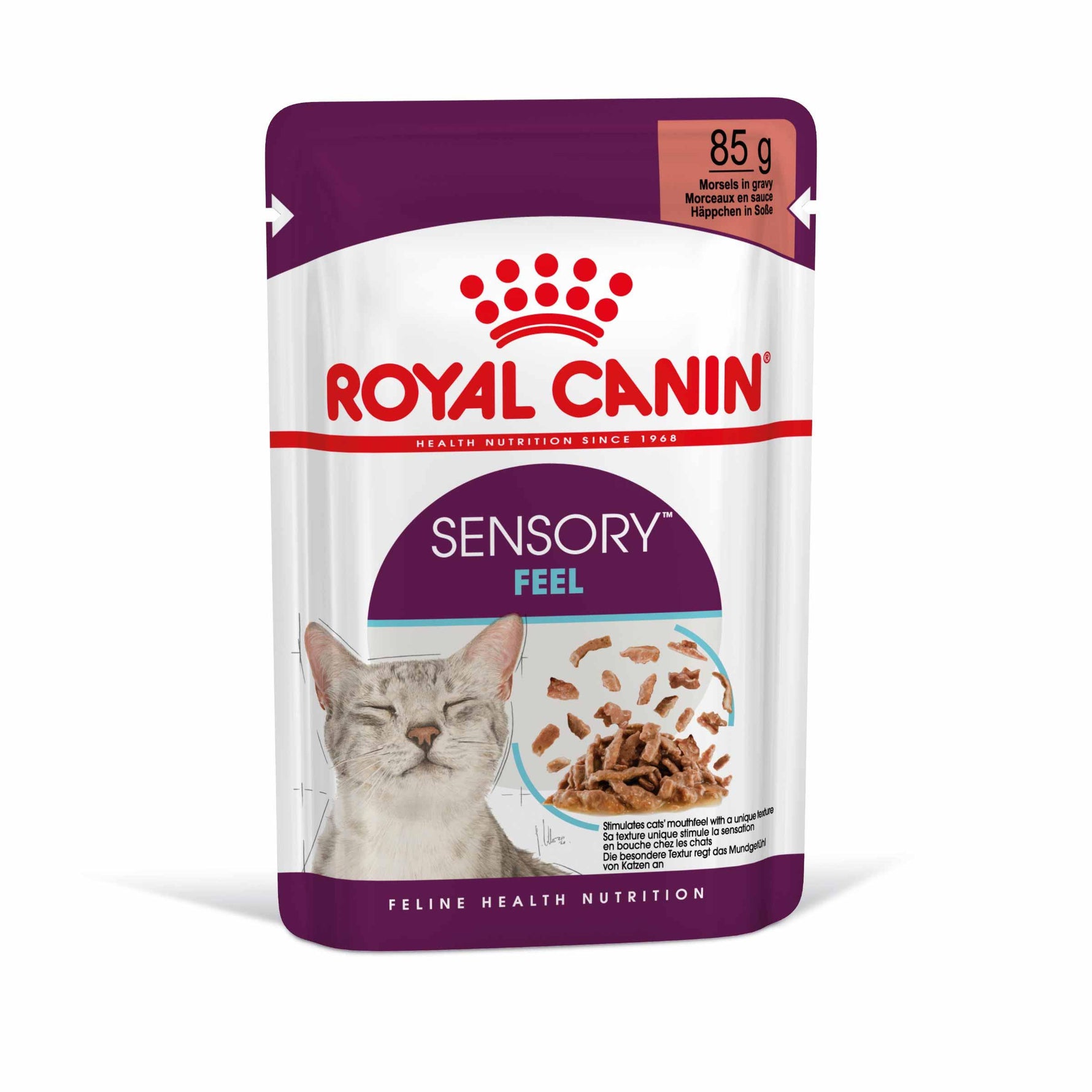 Royal Canin Sensory Feel cat food pouch 85g with cat image and wet food morsels