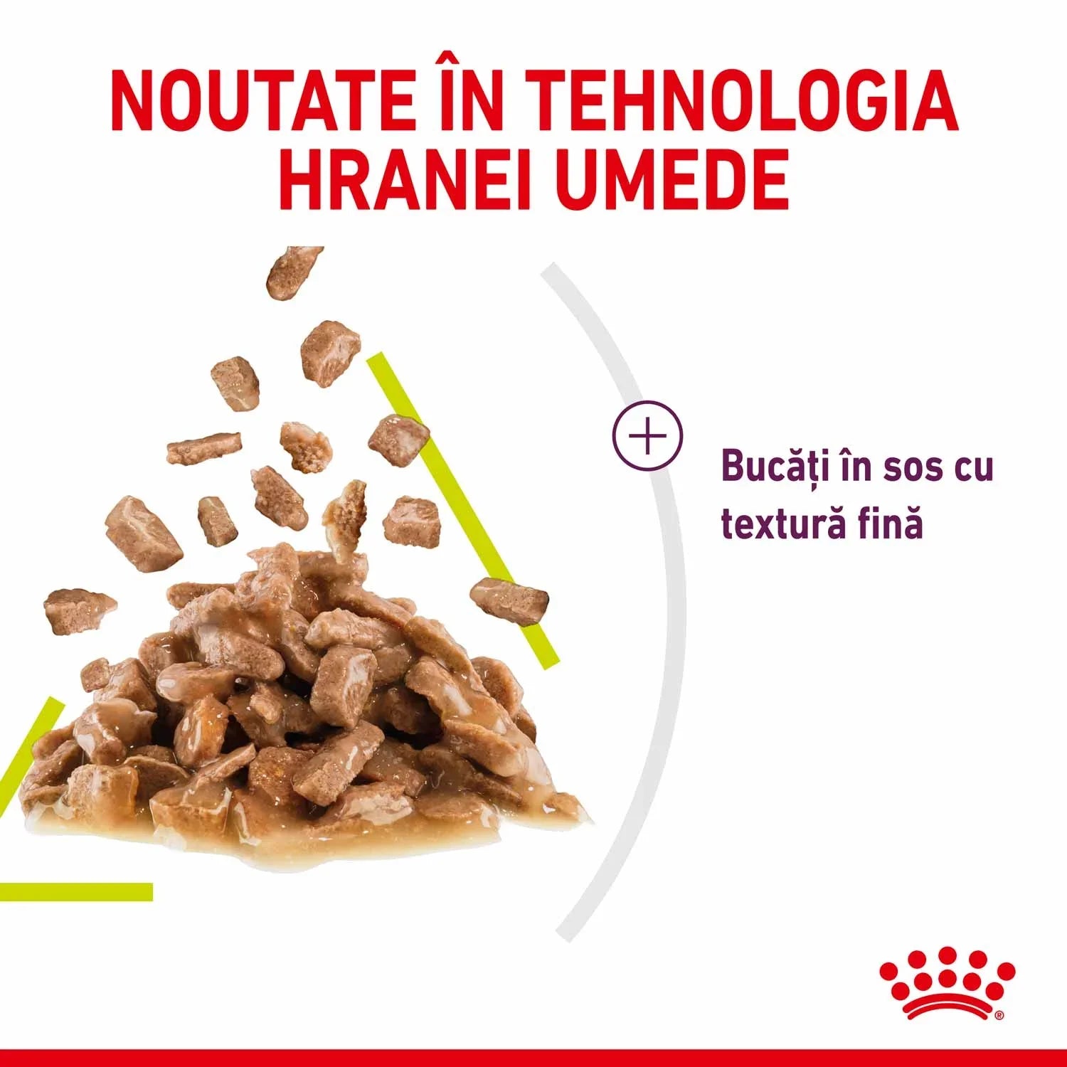 Wet food chunks in fine textured sauce with Romanian text about new moist food technology