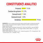 Analytical constituents chart showing protein, fat, ash, fiber, and moisture percentages in Romanian