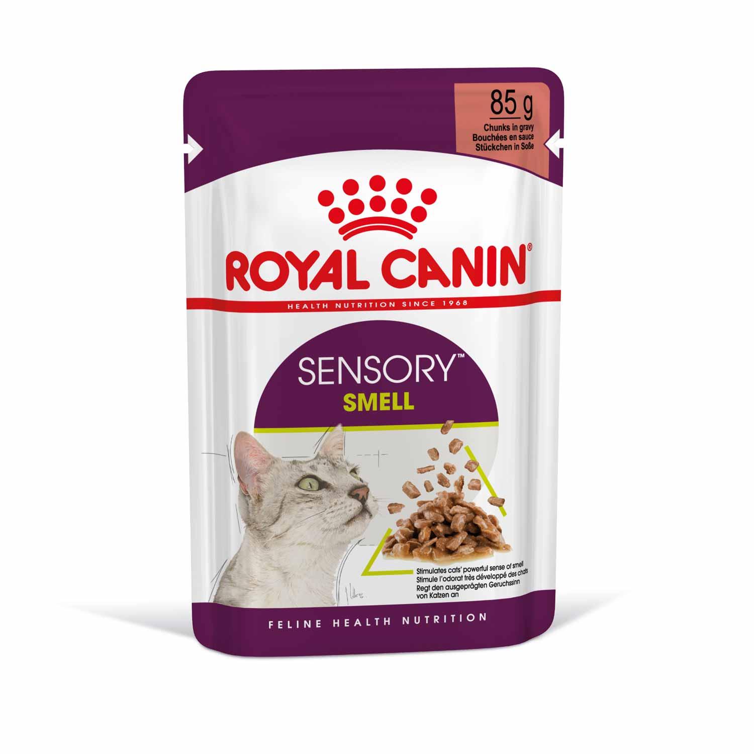 Royal Canin Sensory Smell cat food pouch 85g with cat image and chunks in gravy