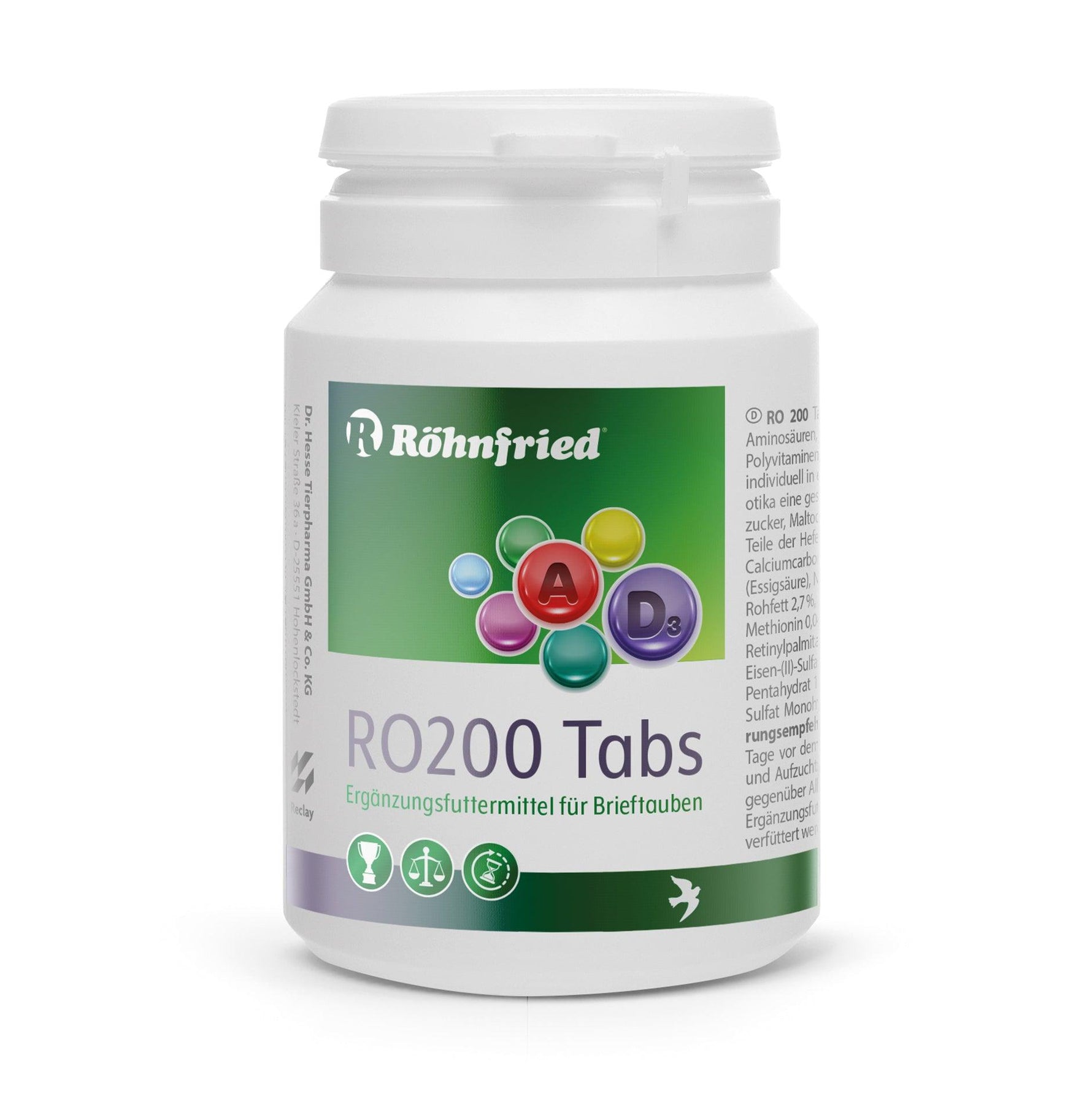 Röhnfried RO200 Tabs nutritional supplement for racing pigeons with vitamin A and D3 in white container