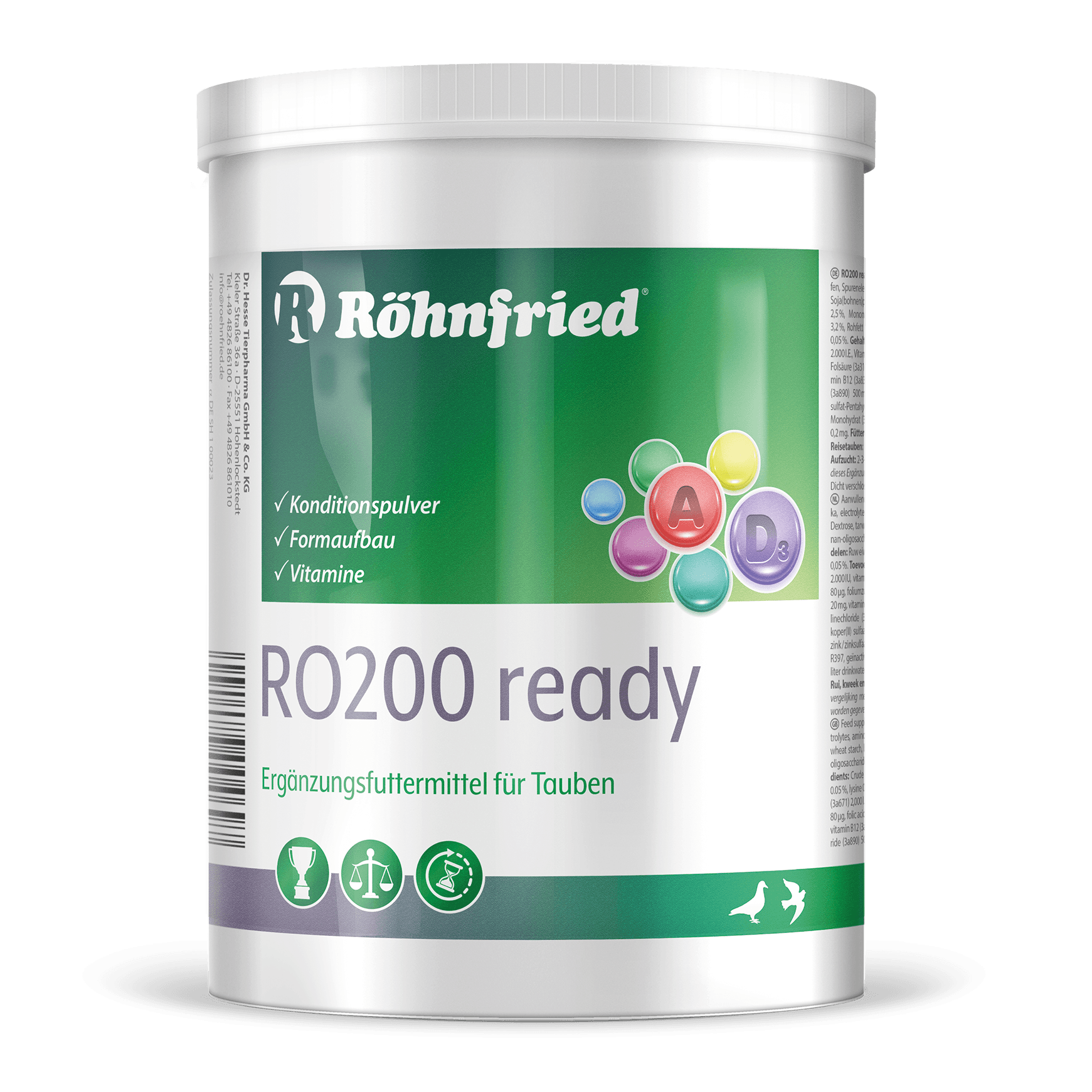 Röhnfried RO200 ready pigeon supplement powder container with vitamins and conditioning formula