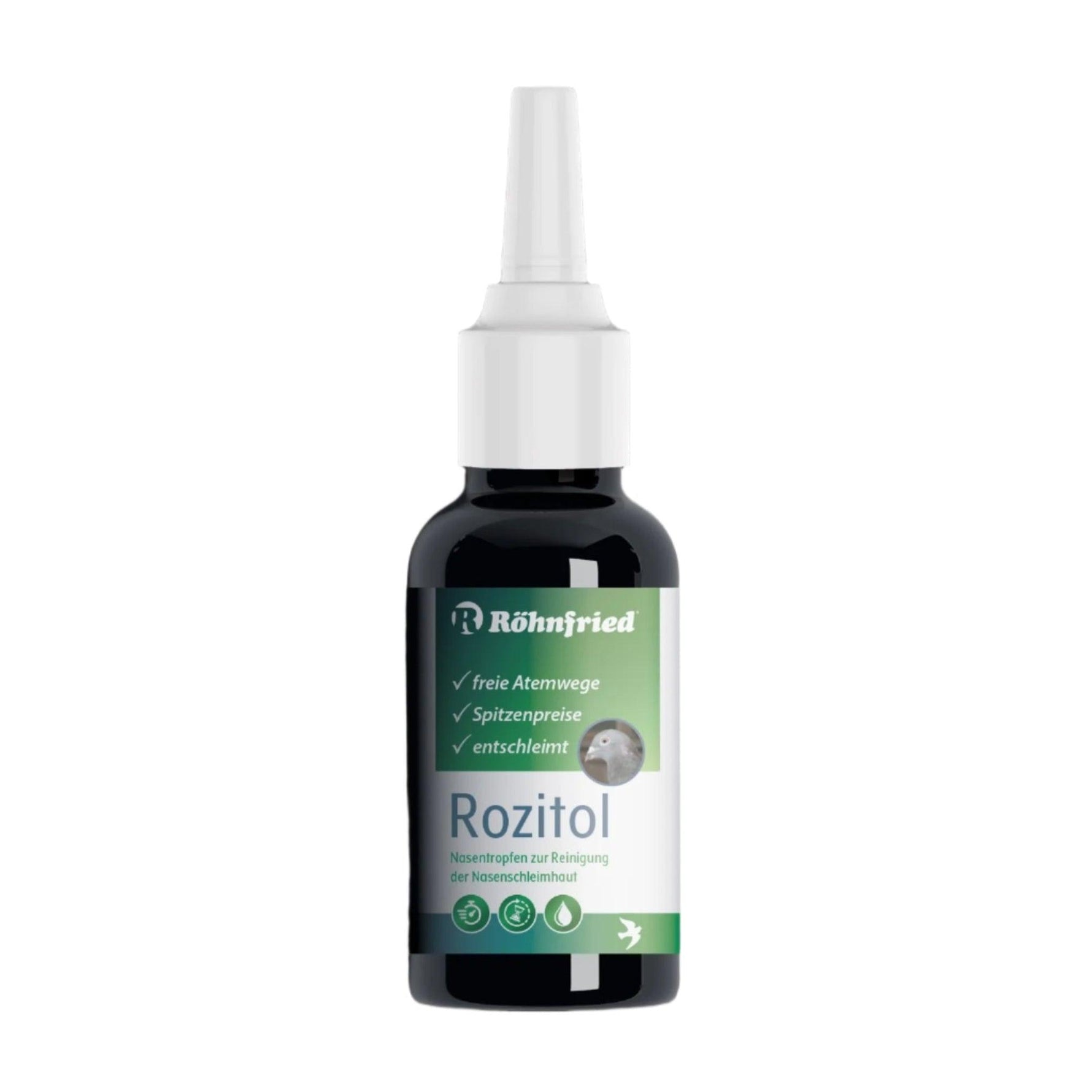 Röhnfried Rozitol nasal spray bottle for nasal mucosa cleansing with green label