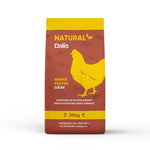 20kg bag of Natural Dalis chicken feed with yellow hen illustration on brown and yellow packaging
