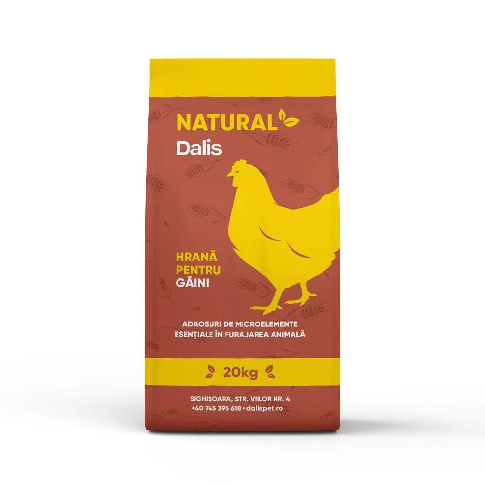 20kg bag of Natural Dalis chicken feed with yellow hen illustration on brown and yellow packaging