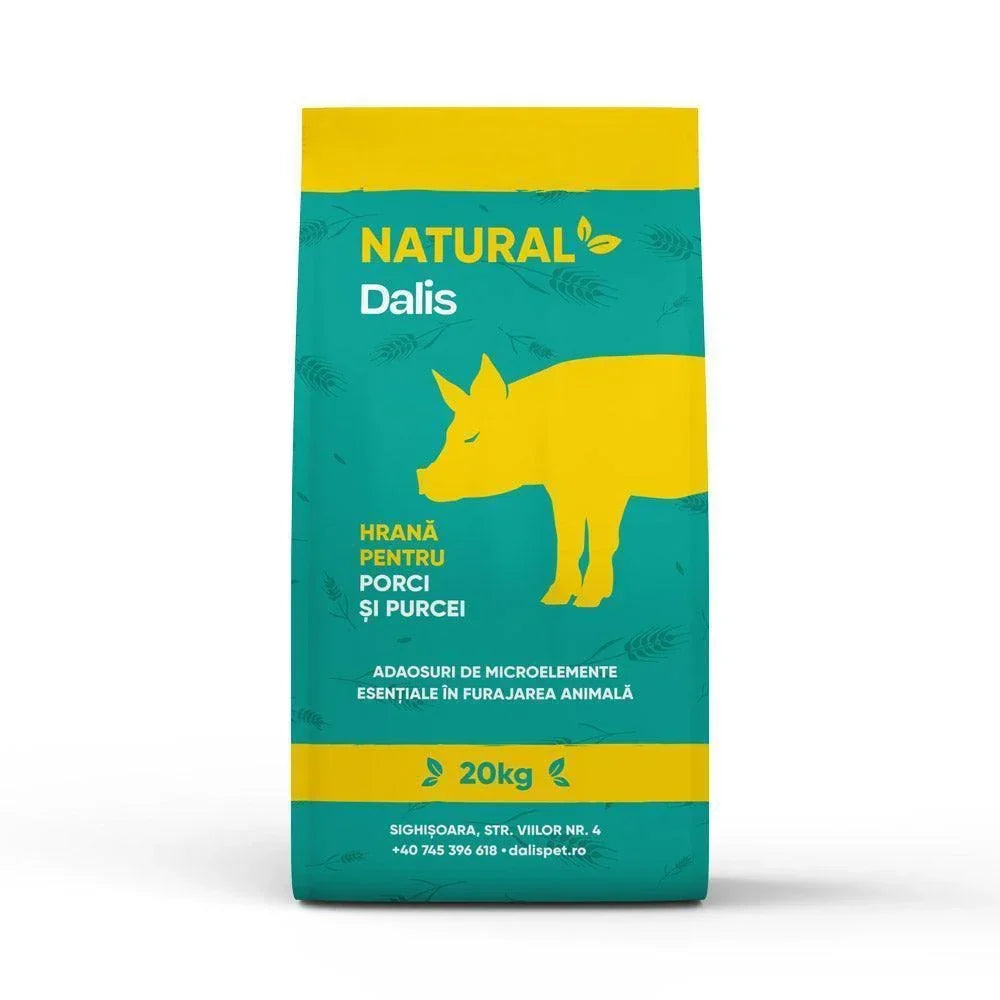20kg bag of Dalis Natural pig feed with yellow pig illustration and green and yellow packaging