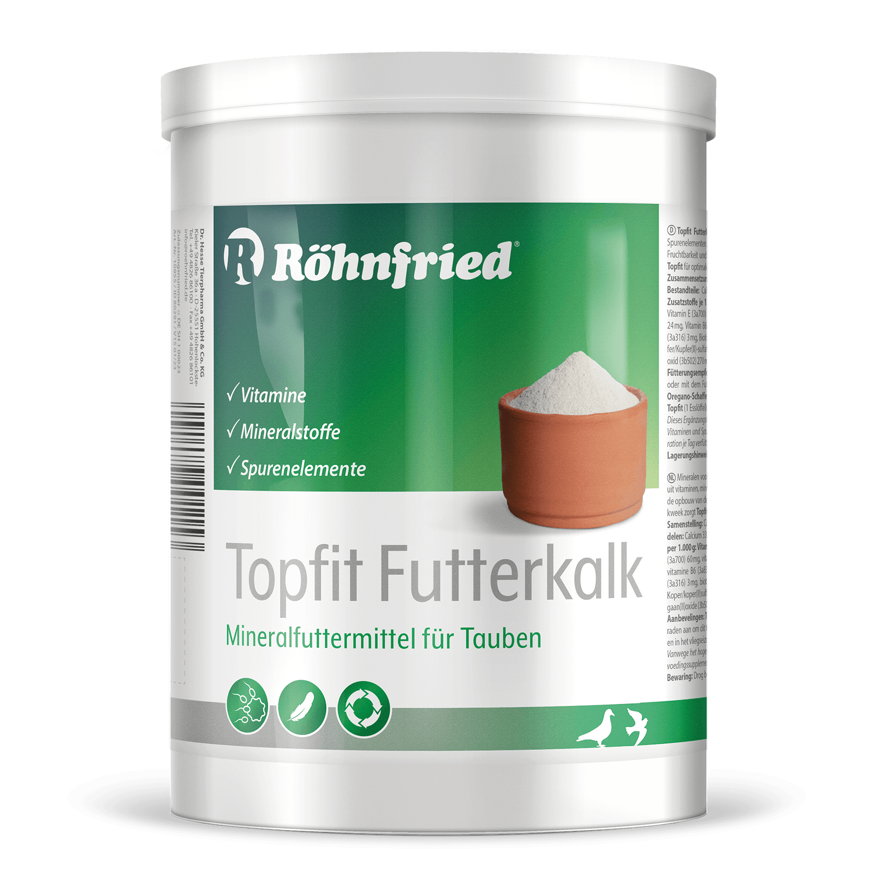 Röhnfried Topfit Futterkalk mineral feed supplement for pigeons with vitamins and minerals in white container