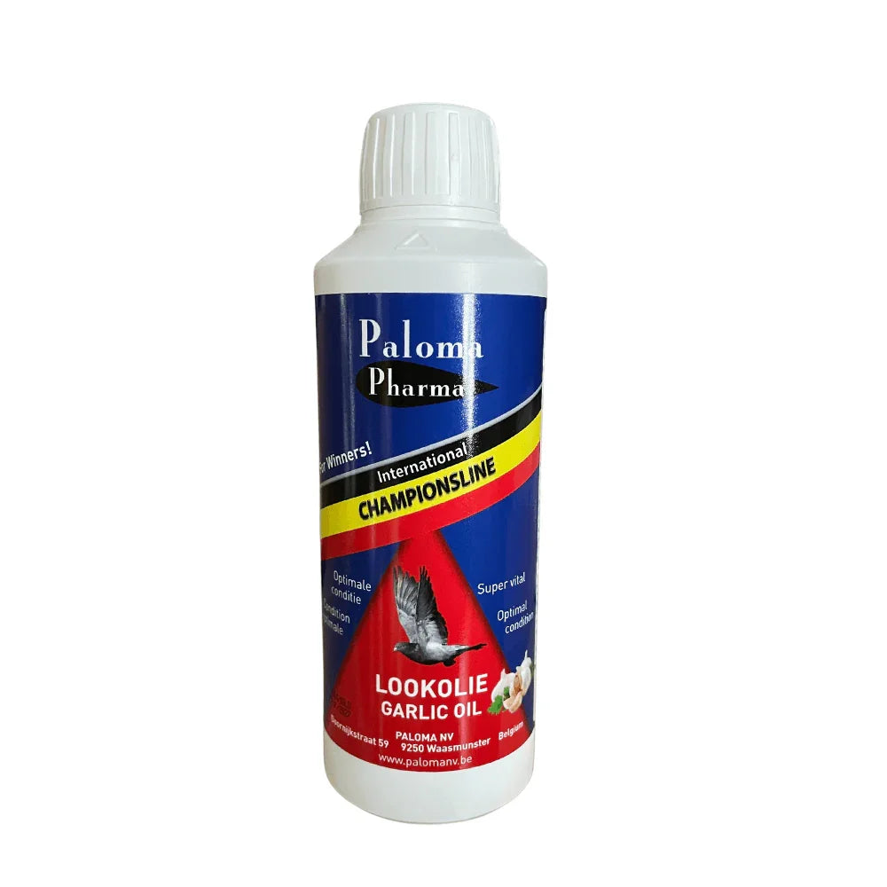 Paloma Pharma Championsline Lookolie garlic oil bottle for optimal pigeon health