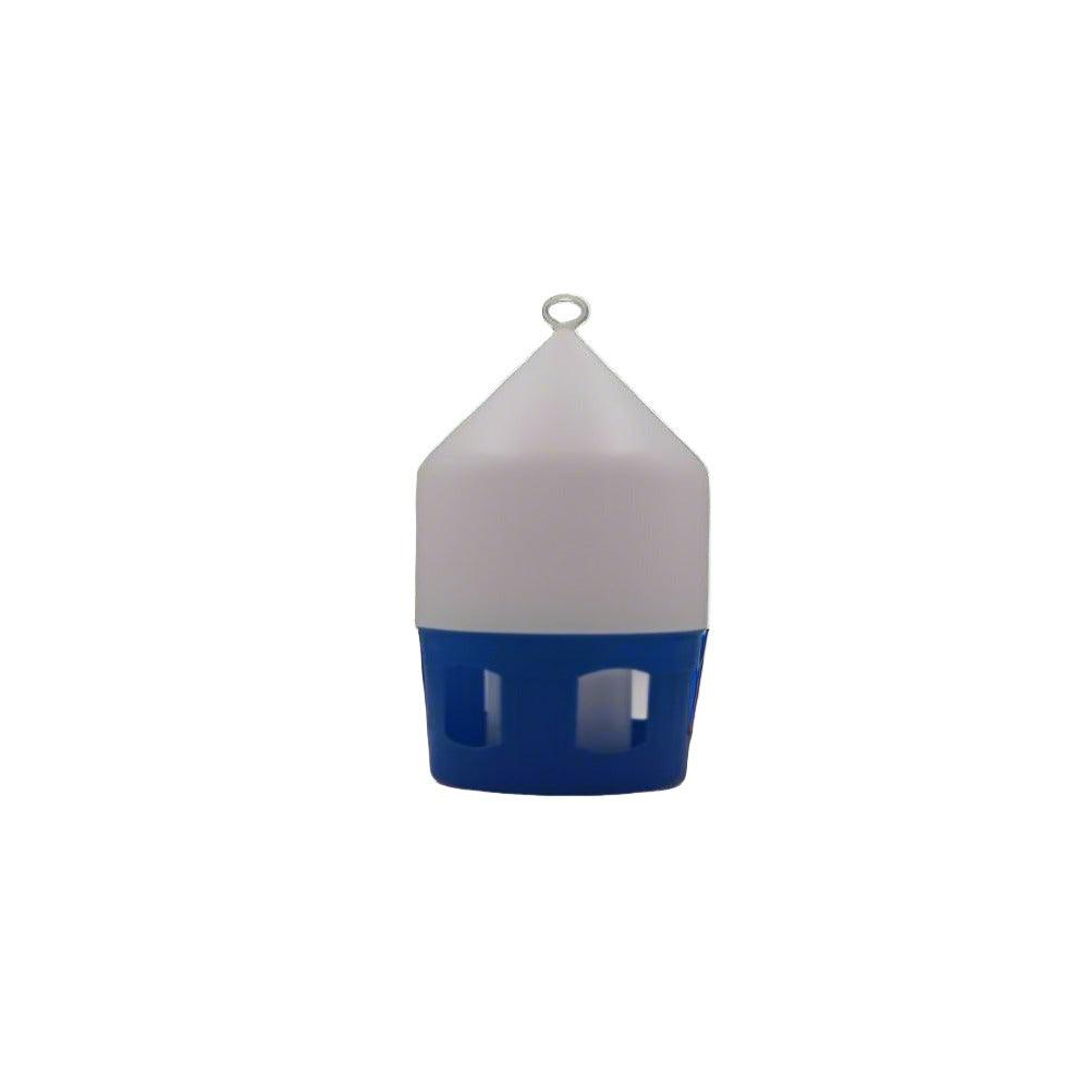 5-liter automatic poultry waterer with blue base and white tank, hanging ring on top