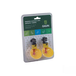 Package of two yellow poultry drinking cups with black clamps for bird water supply