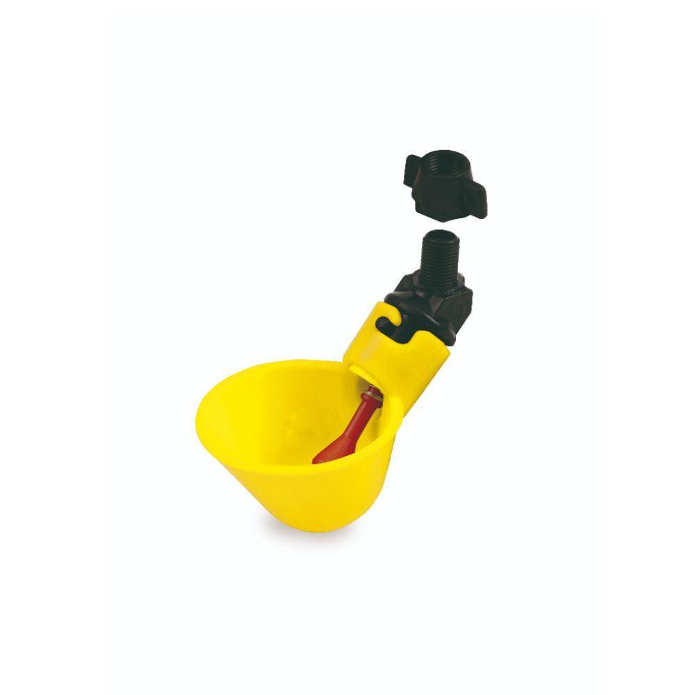 Yellow automatic poultry waterer nipple cup with black plastic connector for bird drinking