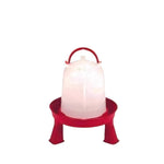 Red plastic poultry waterer with three legs and transparent water container for chicks