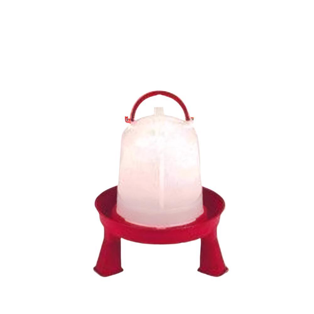 Red plastic poultry waterer with three legs and transparent water container for chicks