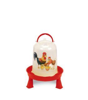 Red and white plastic chick waterer with legs and rooster and hen print