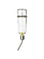 Clear glass rabbit water bottle with measurement marks and metal spout on white background