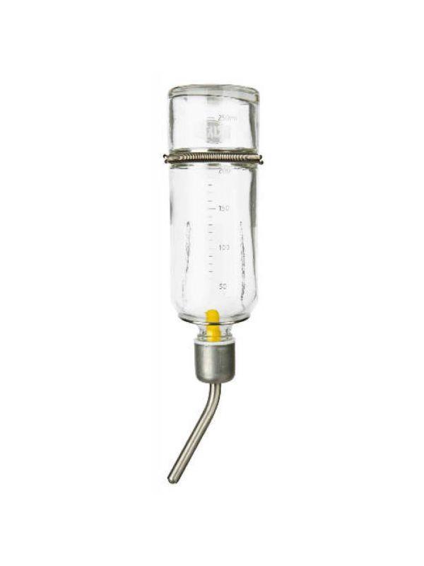 Clear glass rabbit water bottle with measurement marks and metal spout on white background
