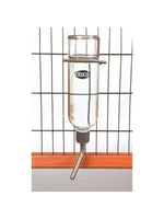 Trixie glass water bottle for rabbits mounted on wire cage with metal drinking tube