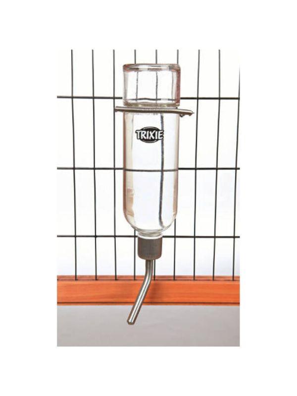 Trixie glass water bottle for rabbits mounted on wire cage with metal drinking tube