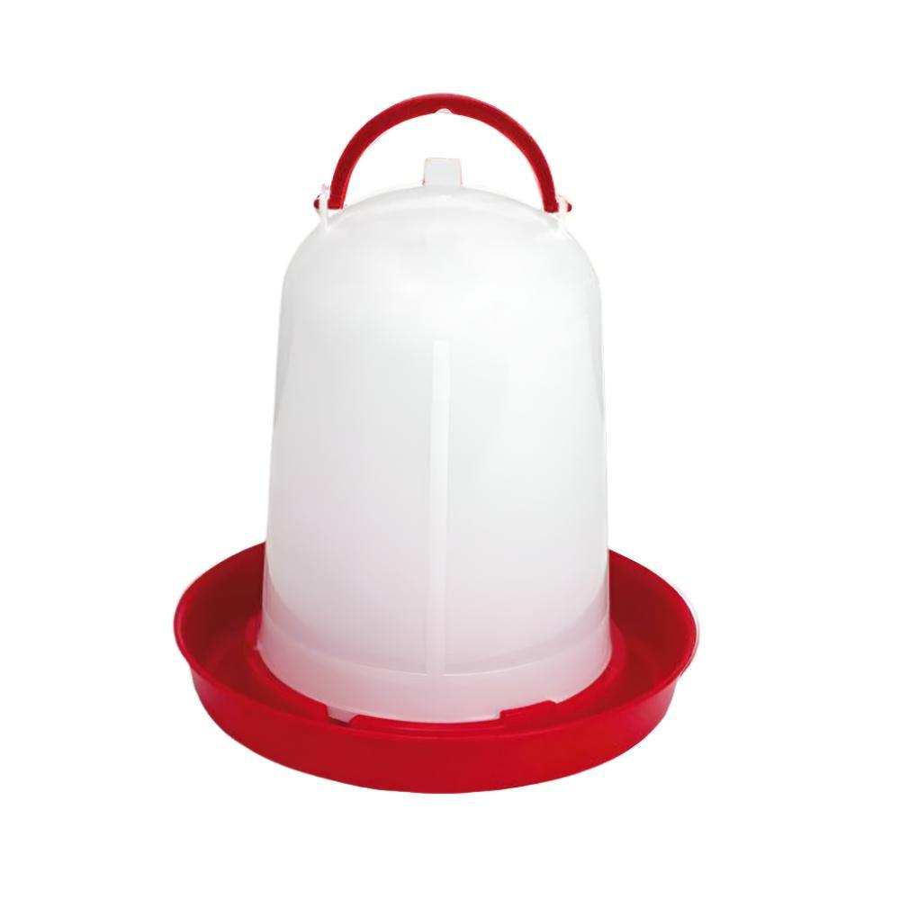 White plastic poultry waterer with red base and handle for chicks or small birds