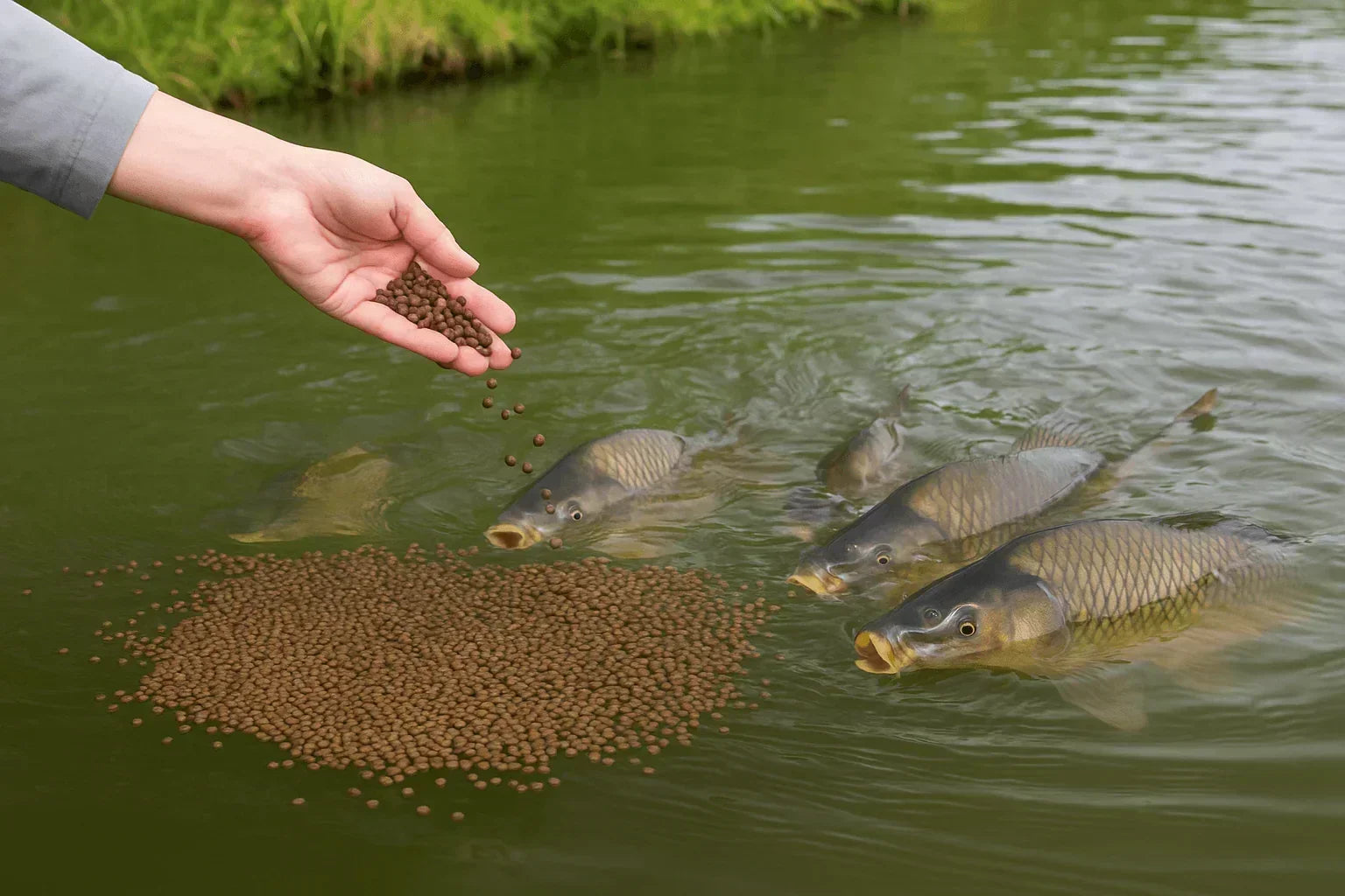 Hrana pentru pești în granule, hrănire în lac, pești carpe la suprafață