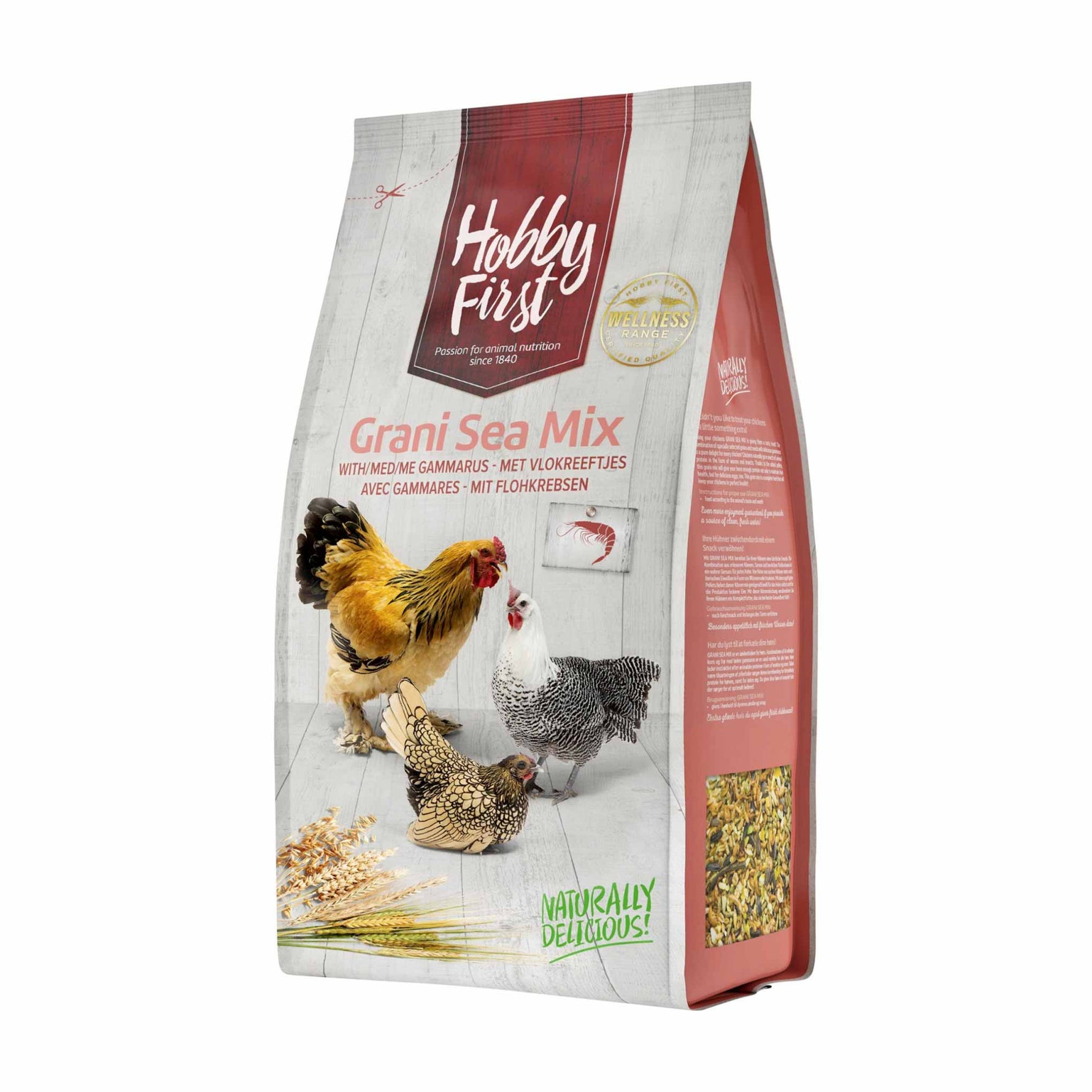 Hobby First Grani Sea Mix chicken feed bag with images of three chickens and grains