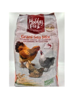 Hobby First Grani Sea Mix poultry feed bag with three chickens and grains on front