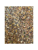 Close-up of mixed grains and seeds blend for bird feed including corn, wheat, sunflower seeds, and pellets