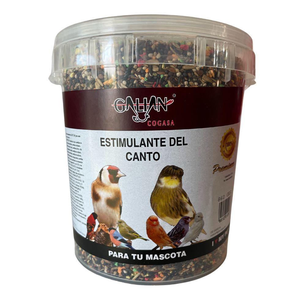Transparent container of Galhan Cogasa Estimulante del Canto bird seed for songbirds