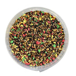 Colorful mixed bird seed blend in a clear plastic container for stimulating bird singing