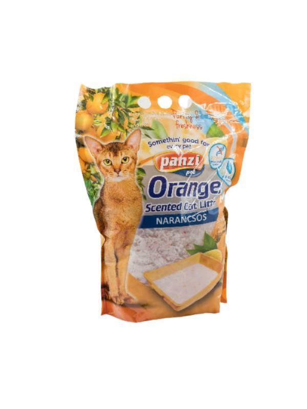 Panzi branded orange scented cat litter package with a cat image and orange fruits on the bag
