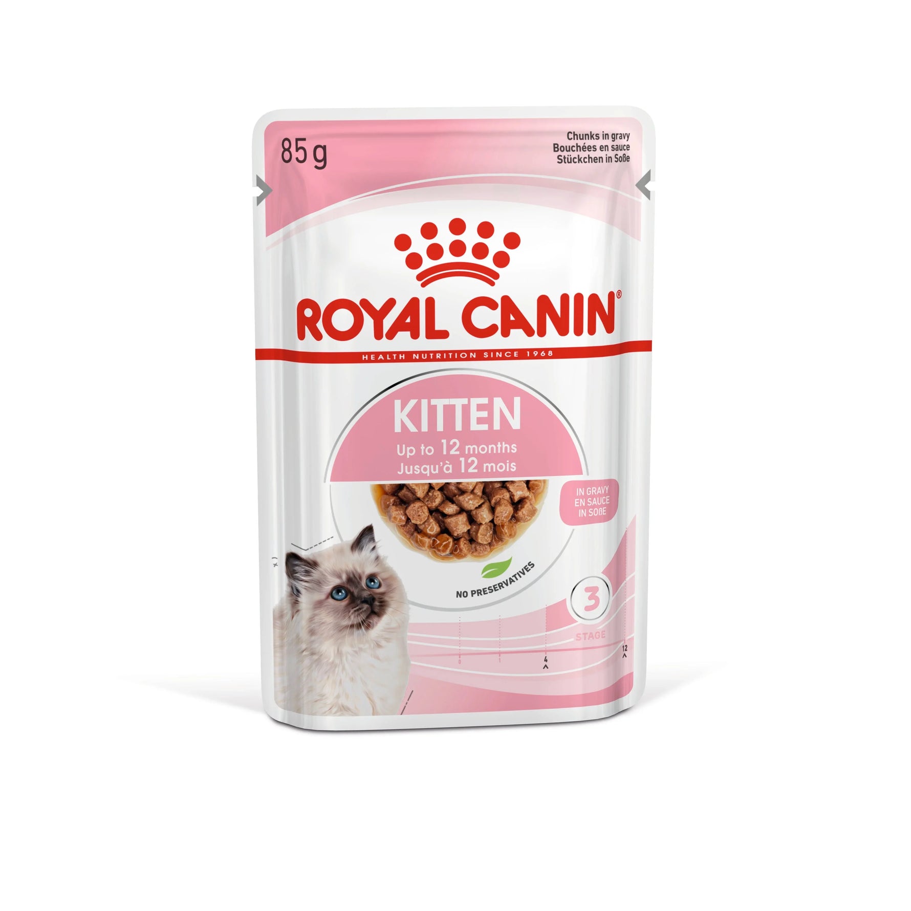Royal Canin kitten wet food pouch for cats up to 12 months, 85g, in gravy with no preservatives