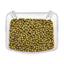 Green mung beans in a clear plastic container on white background