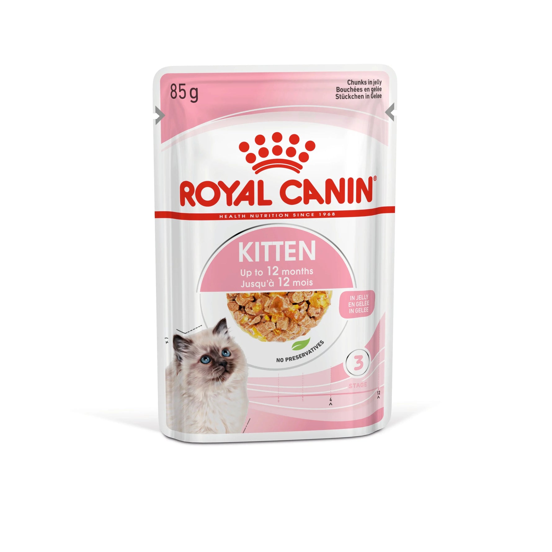 Royal Canin kitten wet food pouch, 85g, for kittens up to 12 months, chunks in jelly, no preservatives