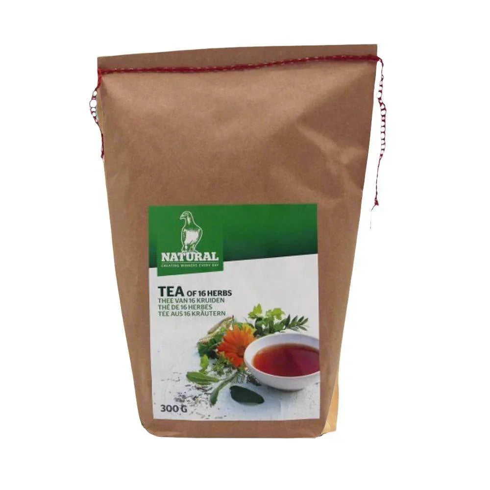 Brown paper bag of Natural brand 300g Tea of 16 Herbs with green label and cup of herbal tea