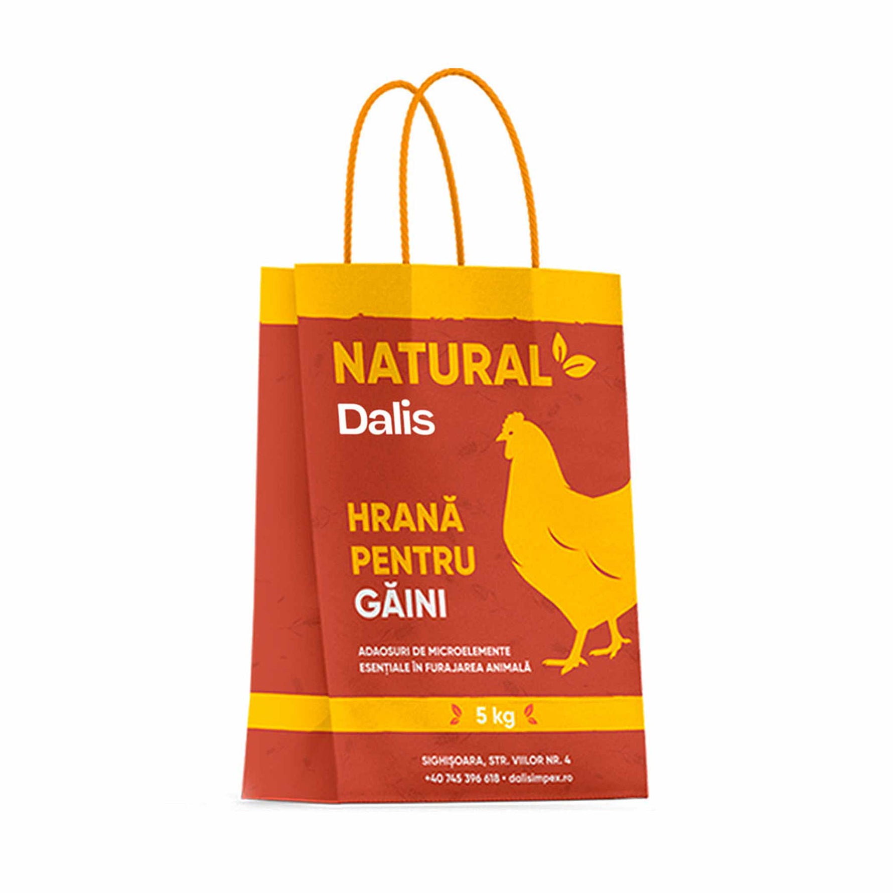 5 kg Dalis Natural chicken feed bag with yellow chicken graphic and orange handles